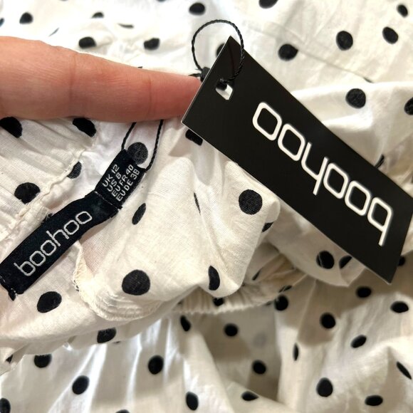 Boohoo Polka Dot Ruffle Midi Dress Open Back Tie Detail White Black Size 8 NWT - Picture 10 of 12
